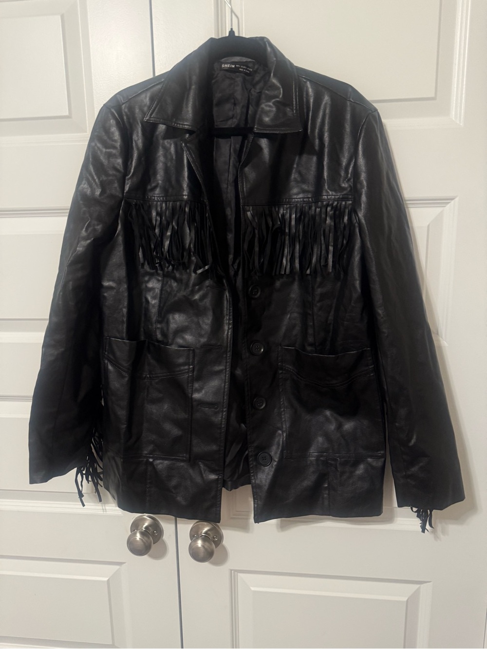 SHEIN Black Fringe Faux Leather Jacket